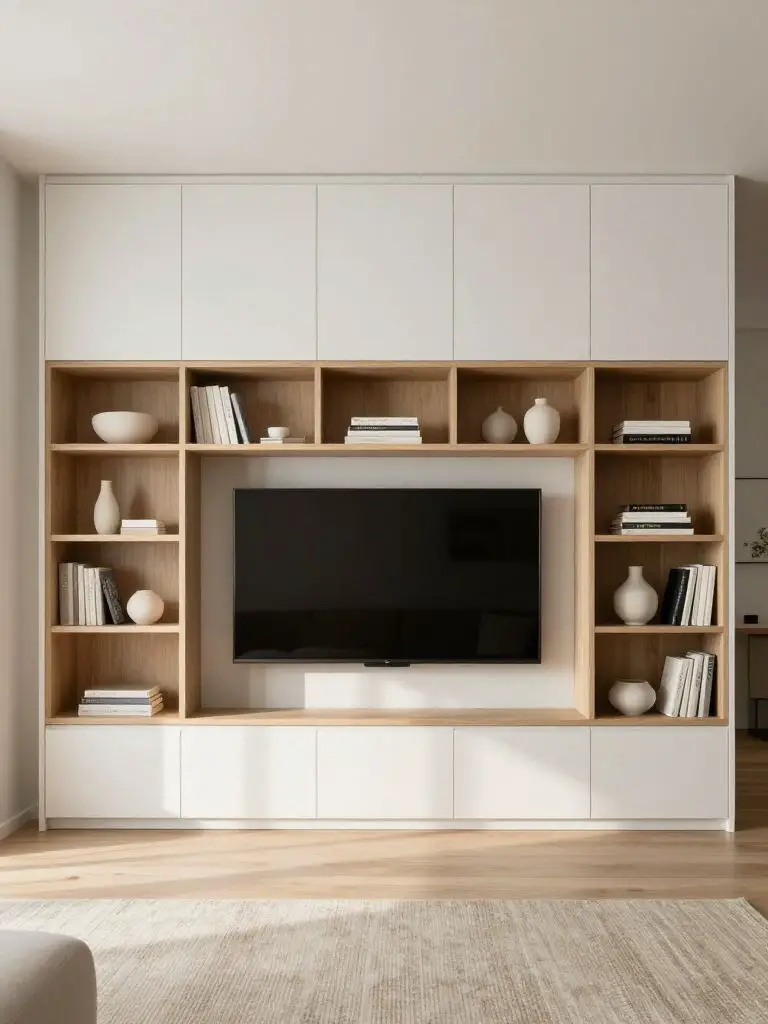 A built-in minimalist TV wall unit combining matte white cabinetry and light oak open shelving in a modern Scandinavian style.