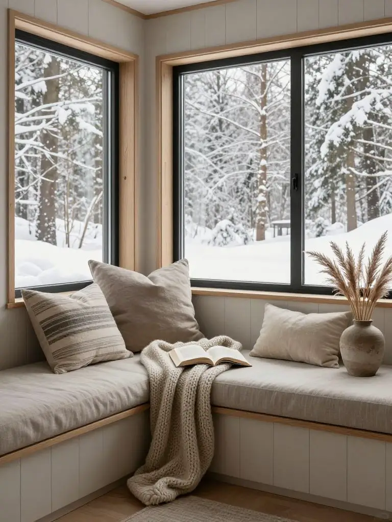 A built-in window seat in a winter cabin styled in modern rustic minimalism, positioned beneath large black-framed windows showcasing snow-c.