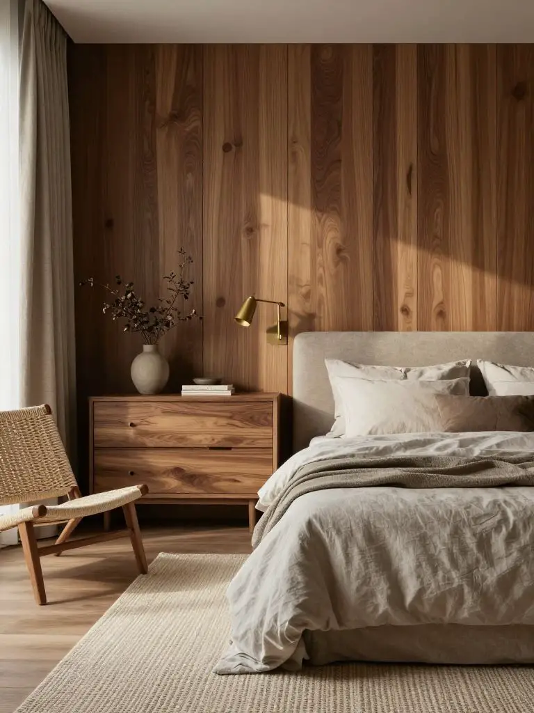 Cozy sustainable bedroom retreat with built-in wood paneling and layered natural textures.