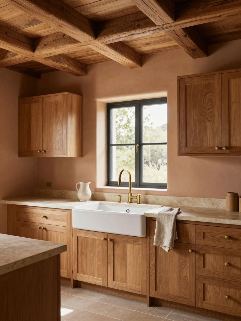 A burnt sienna earthy kitchen featuring exposed wooden ceiling beams and a white apron-front farmhouse sink as the hero focal point beneath.