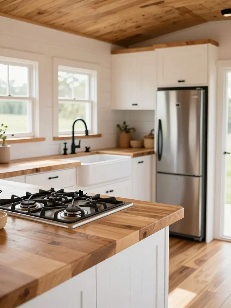 An off grid tiny house kitchen highlighting butcher block countertops paired with a white farmhouse sink in modern rustic style.