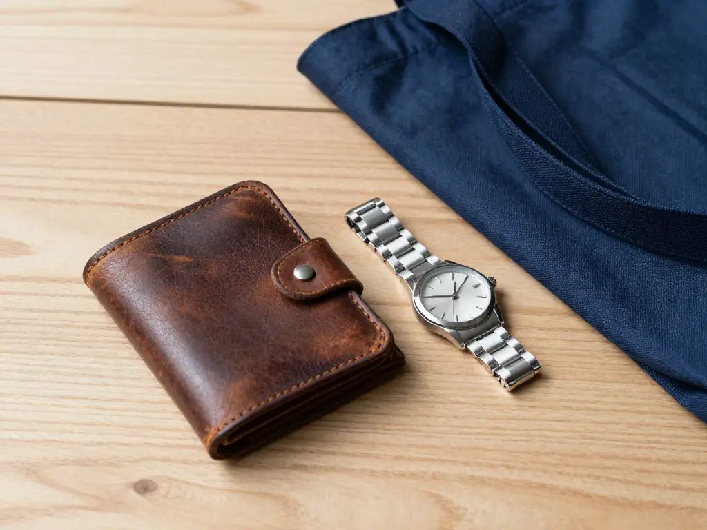 shot of high-quality durable everyday items arranged on a light oak wooden surface: well-worn leather wallet showing patina, classic stainle.
