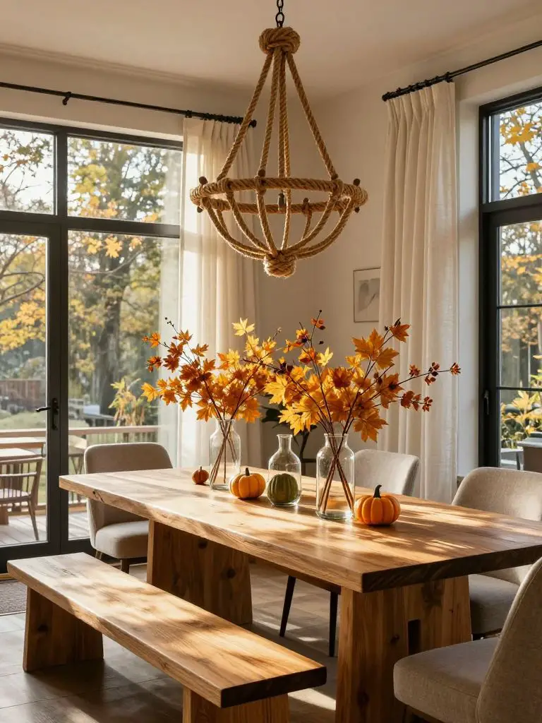 A warm cabin dining space showcasing elevated cabin decorating ideas with a rustic rope chandelier as the hero focal point centered above a.