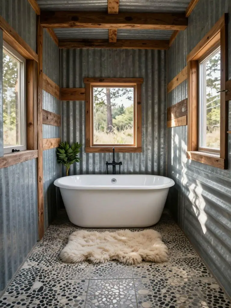 A cabin-inspired off grid tiny house bathroom featuring corrugated metal walls paired with horizontal reclaimed wood planks.