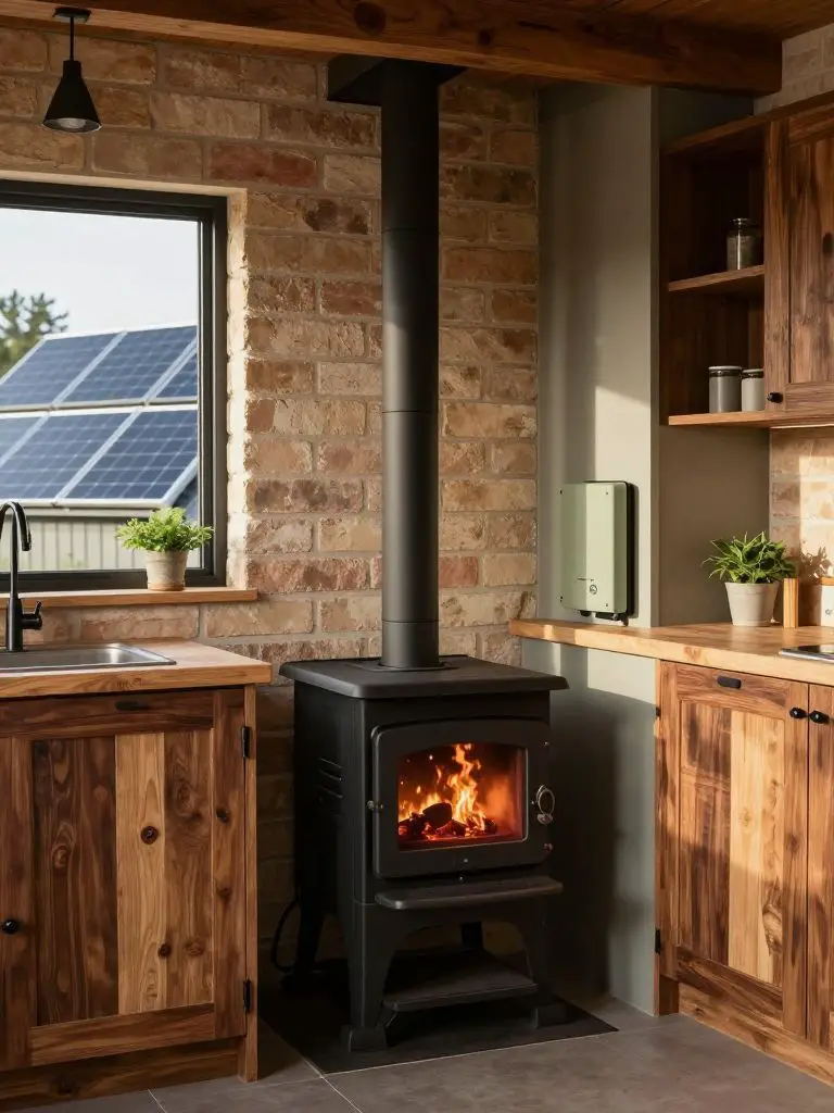 A cabin off-grid kitchen combining a wood-burning stove with solar backup power.
