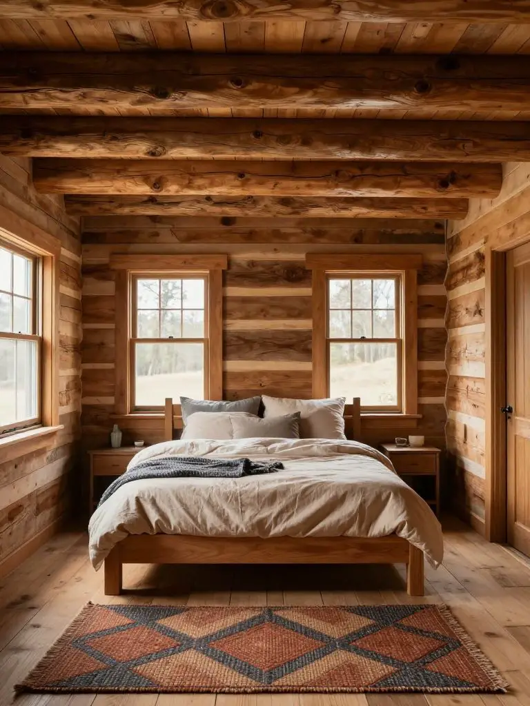 A cozy cabin-style bedroom with exposed round log ceiling beams and vertical reclaimed wood walls.