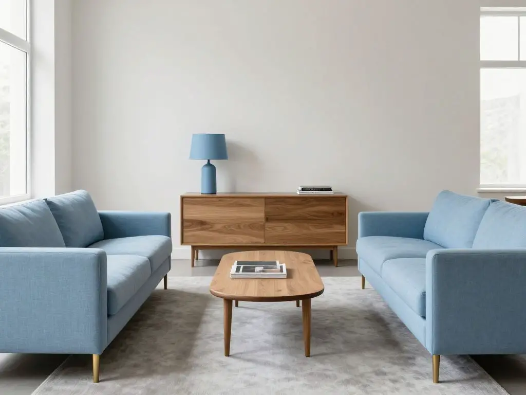 A calm blue minimalist living room in a tailored contemporary style featuring two matching powder blue sofas facing each other across a slim.