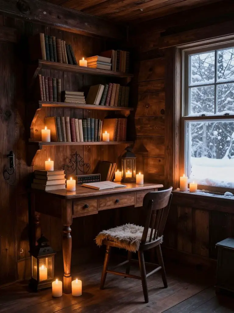 A candlelit winter cabin library nook designed in vintage rustic style, featuring dark stained timber walls and a small wooden writing desk.