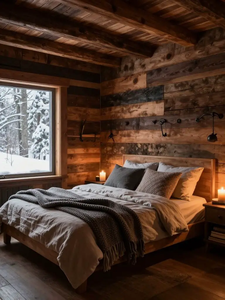 A rustic winter cabin bedroom in warm modern rustic style, featuring reclaimed wood plank walls and exposed ceiling beams in deep walnut and.