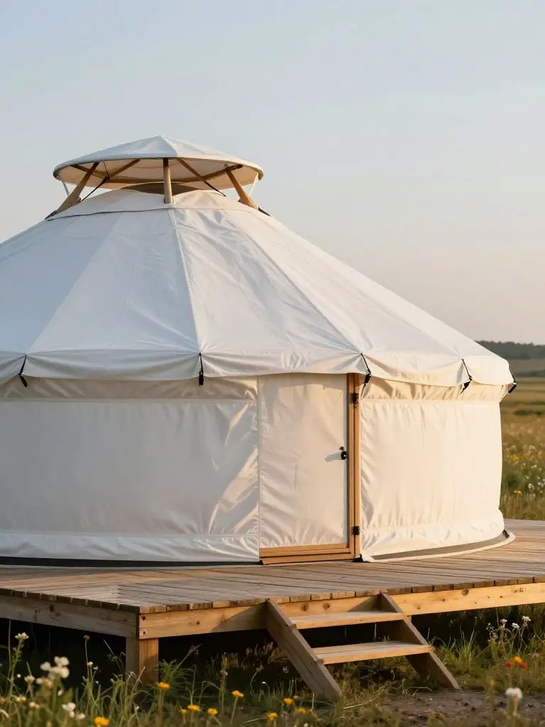A hyper- photograph of a premium canvas yurt set on a raised cedar platform in open grassland, designed for flexible, nomadic living.