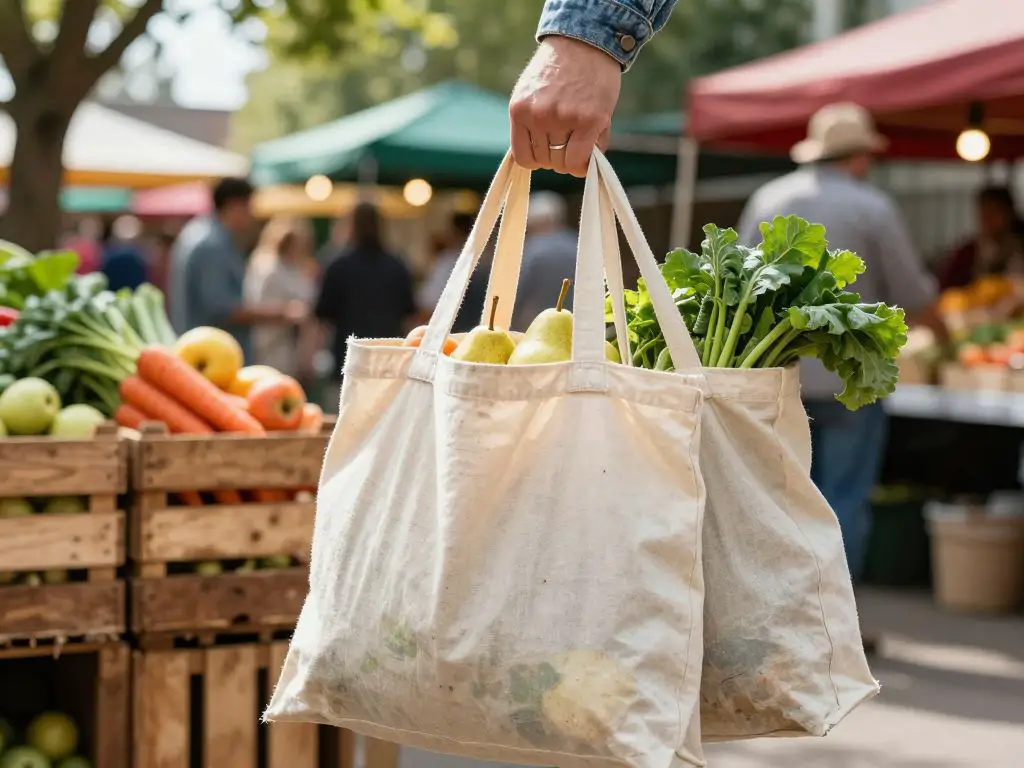 A bustling farmer’s market scene shows a person gripping a set of well-used canvas reusable shopping bags, the coarse weave of the fabric an.