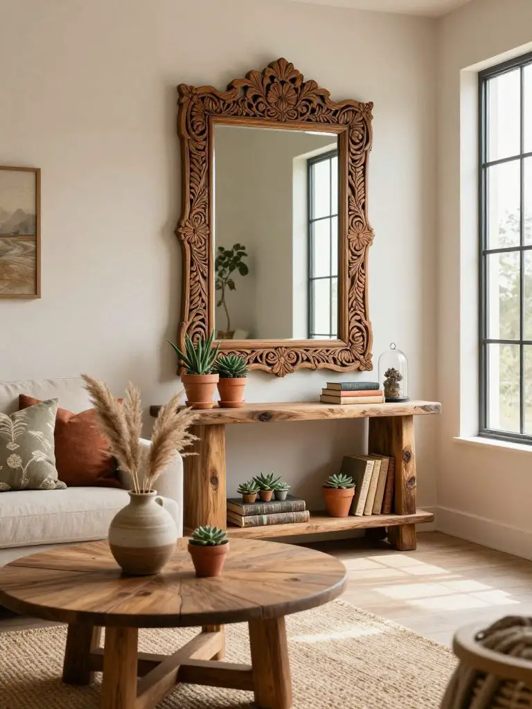 A refined boho country living room featuring a large carved wood framed mirror above a rustic console table.