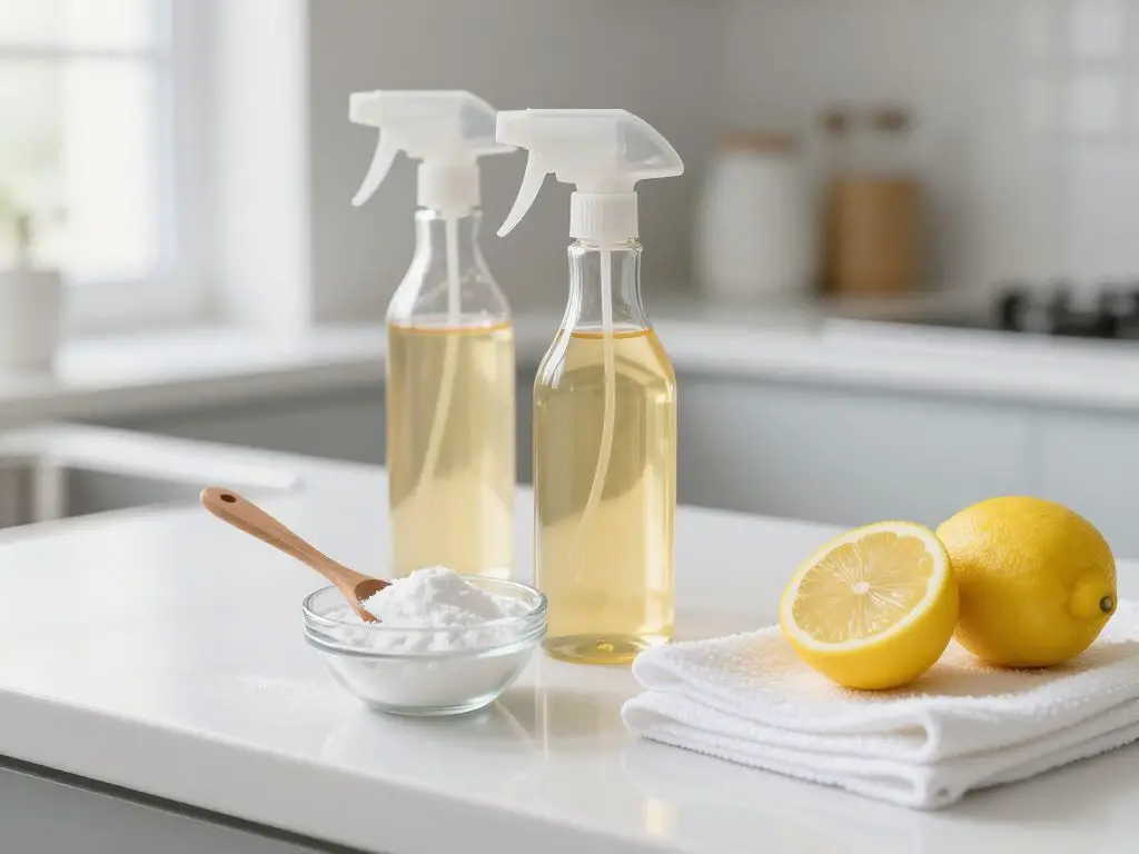 close-up of eco-friendly cleaning supplies on a clean white kitchen counter: glass spray bottles with amber liquid, small bowl of baking sod.