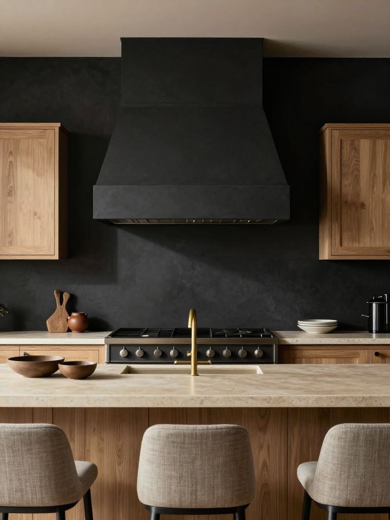 A charcoal and oak earthy kitchen anchored by a matte black plaster range hood centered against deep charcoal walls.