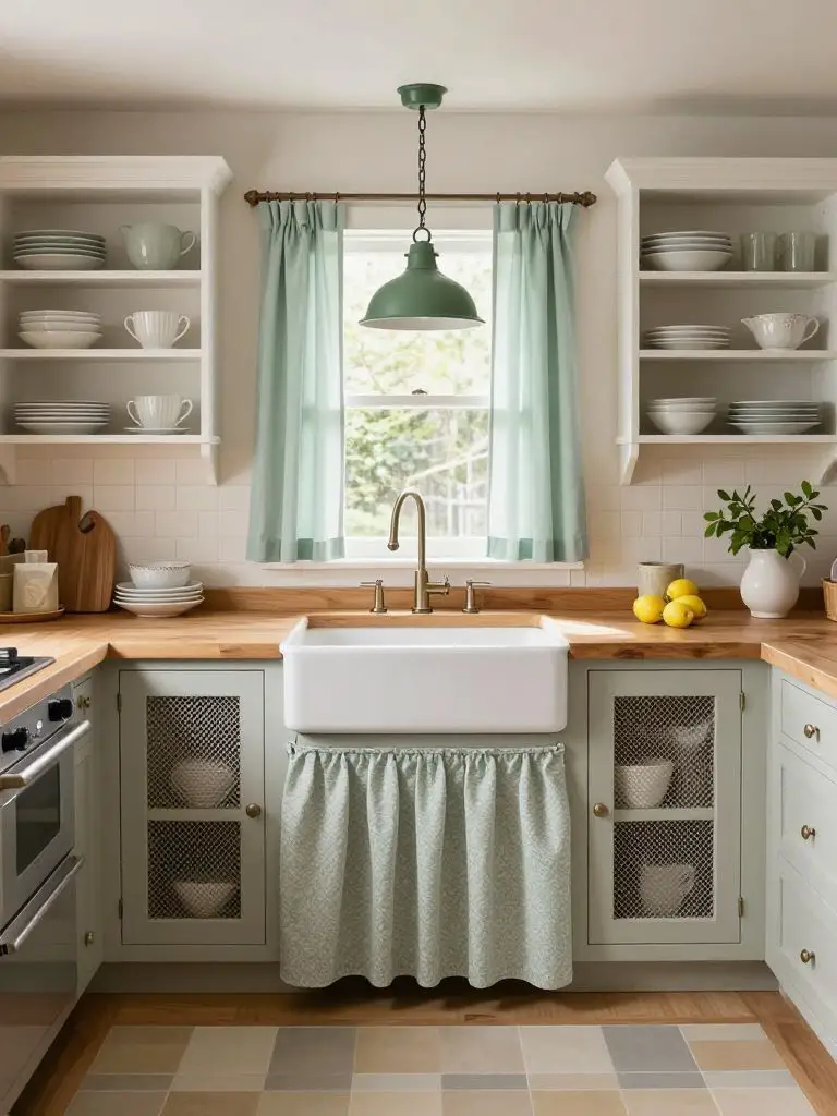 A charming farmhouse kitchen in Cottage Rustic style featuring a white apron sink with a soft sage patterned skirt beneath.