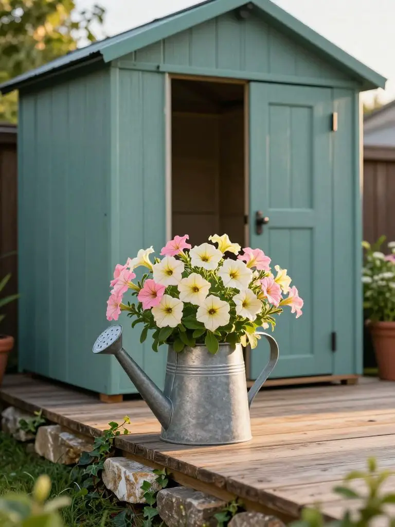 A charming backyard shed scene styled in Modern Rustic outdoor decor, featuring a muted teal wooden garden shed as the backdrop and a galvan.