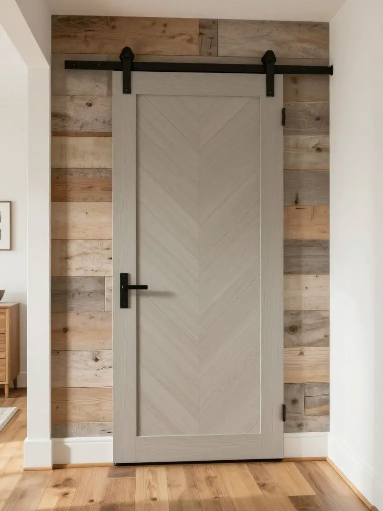 A modern rustic hallway featuring a chevron-pattern sliding barn door in soft greige wood tones mounted on matte black steel hardware agains.