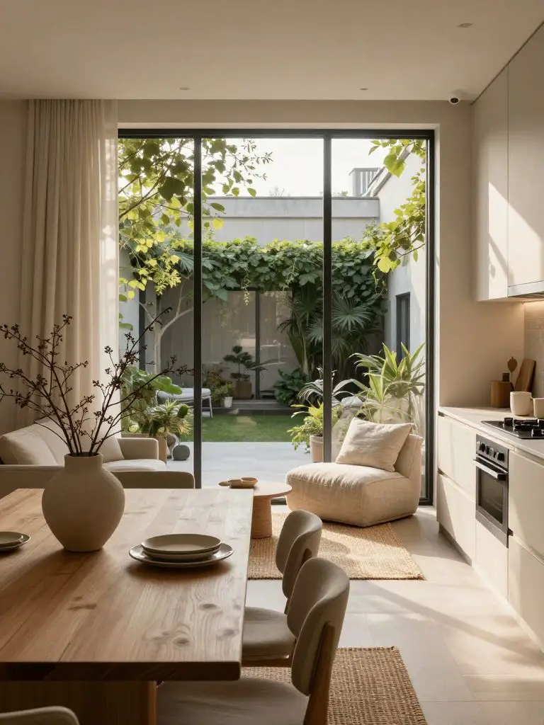 Capture the interior of a chic, comfortable green home where a Japandi-inspired minimalist kitchen flows into a cozy lounge area, all bathed.