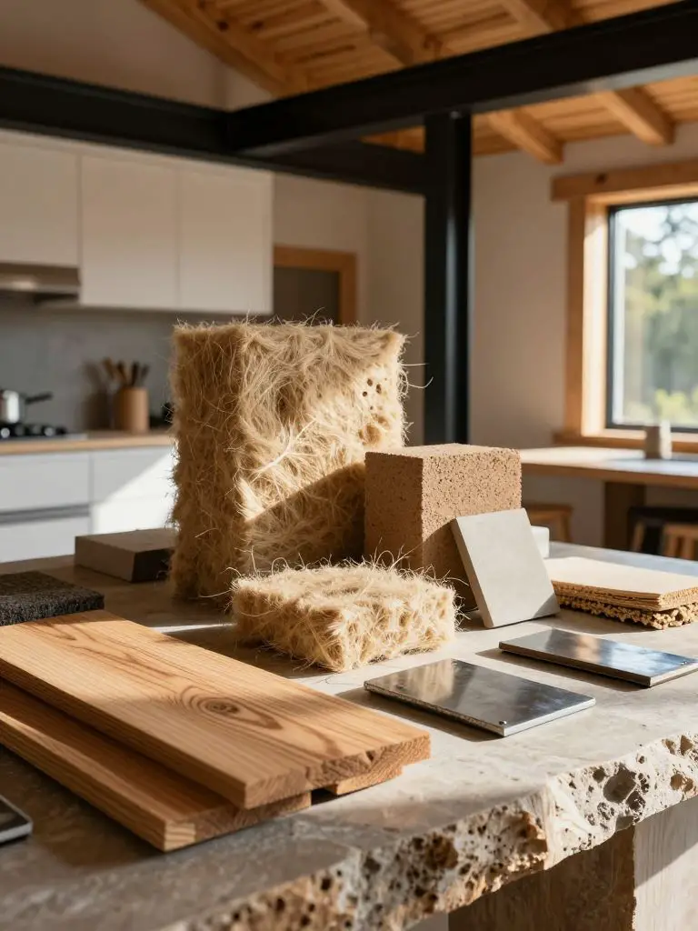 Take an , hyper- photograph of a curated selection of earth-friendly building supplies arranged artfully on a large natural stone slab insid.