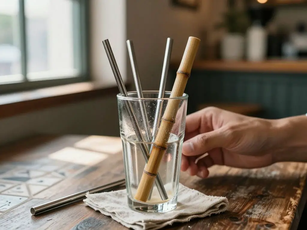 A meticulously focused, ultra- photo of a set of reusable straws—stainless steel, glass, and bamboo—artfully arranged in a tall, condensatio.