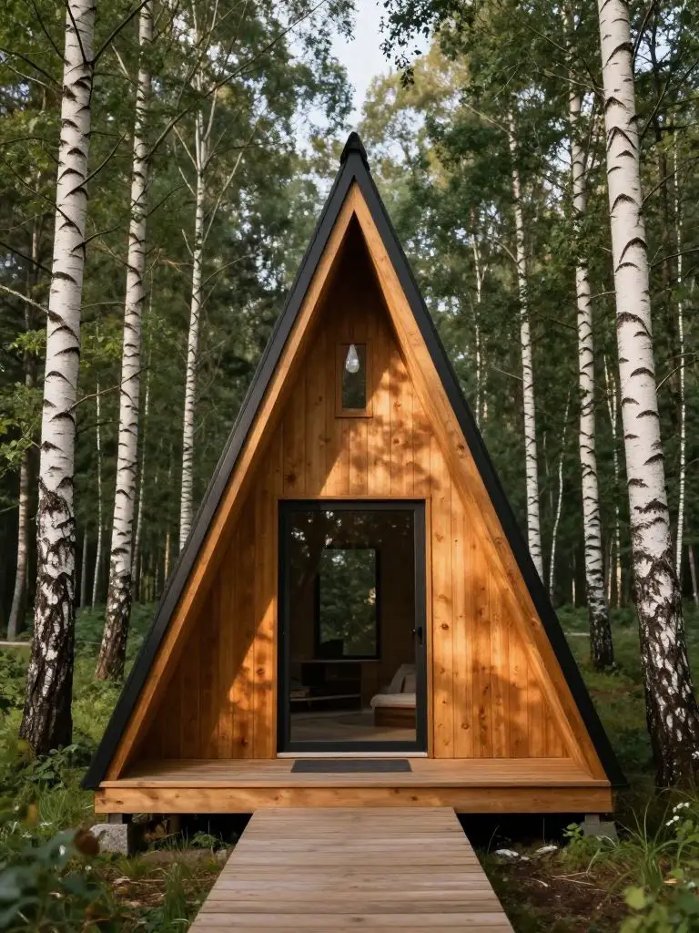 A classic A-frame small cabin idea tucked within a grove of slender birch trees.