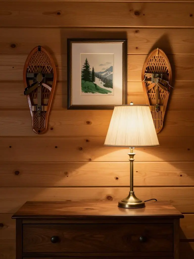 A cabin bedside styling scene against honey-toned wood plank walls.
