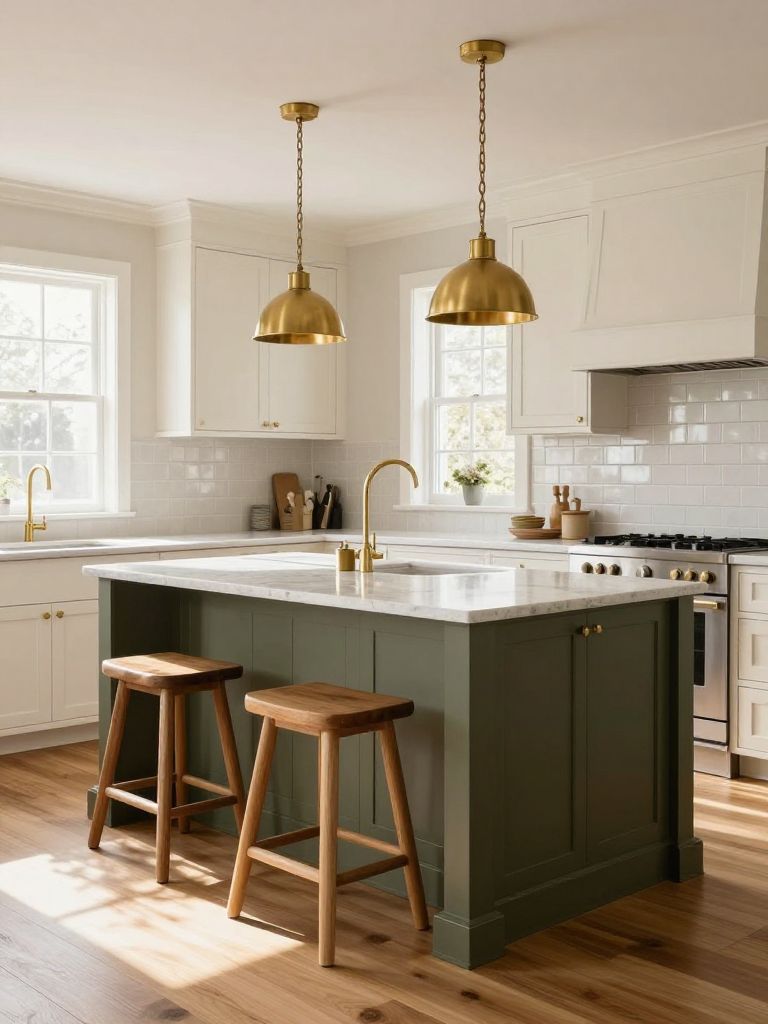 A classic cream earthy kitchen with a muted olive island as the central focal point beneath two soft brass pendant lights.