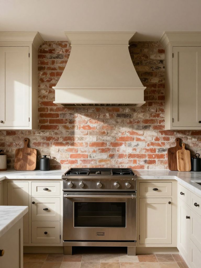 A classic cream earthy kitchen featuring a textured exposed brick backsplash behind a stainless steel range and traditional hood surround.