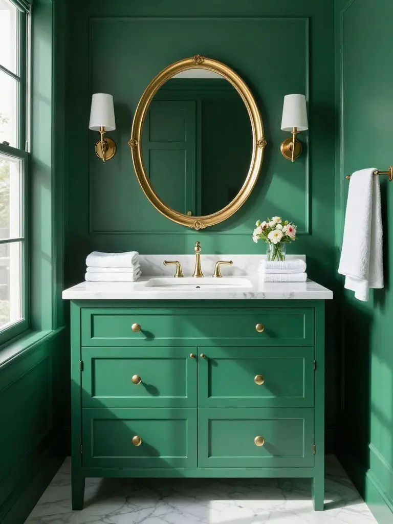A classic emerald green bathroom featuring a traditional shaker-style vanity painted in saturated emerald with polished brass drawer pulls.
