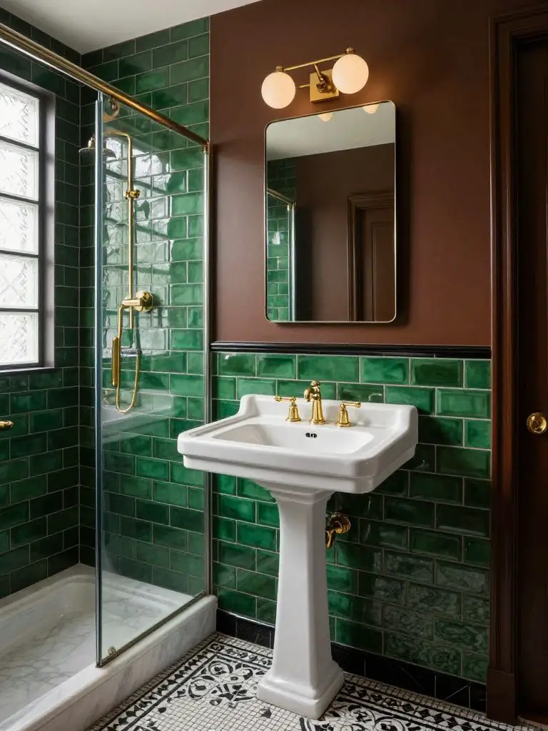 A classic emerald subway tile bathroom in a timeless transitional style.