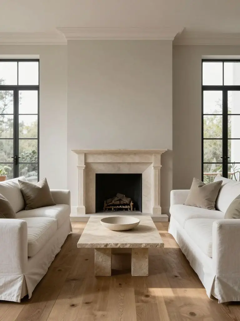 A classic stylish minimalist living room arranged with two symmetrical white linen sofas facing each other across a low stone coffee table.