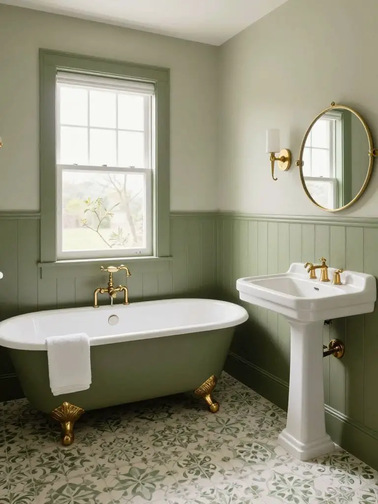A classic olive green bathroom with a clawfoot tub painted in muted olive and paired with polished brass fixtures.