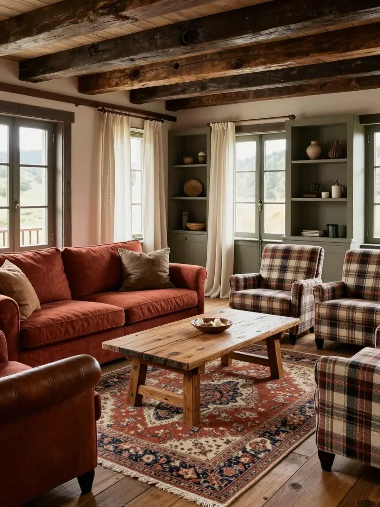 A traditional mountain cottage lounge with exposed dark-stained beams and layered plaid upholstery, blending Rustic Heritage and Warm Minima.