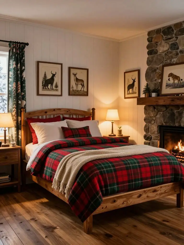 A classic winter cabin decor bedroom styled with traditional lodge elements, featuring white paneled walls and a stone fireplace to the righ.
