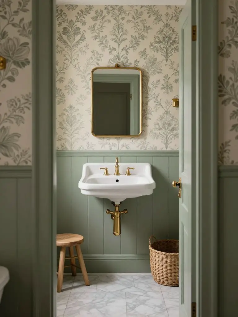 A classic sage bathroom with paneled lower walls painted in muted sage and intricate floral wallpaper above in sage, cream, and soft gray to.