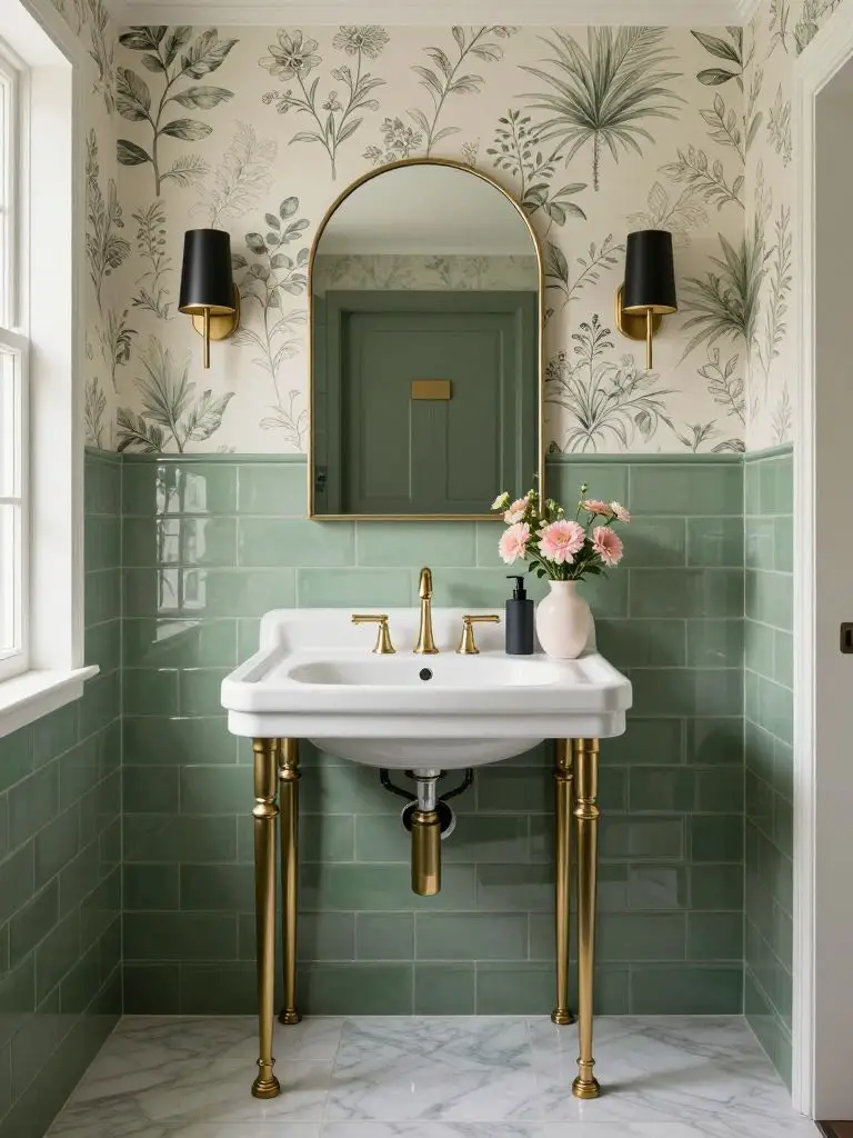 A classic sage green tile bathroom featuring glossy sage subway tile wainscoting paired with botanical wallpaper above.