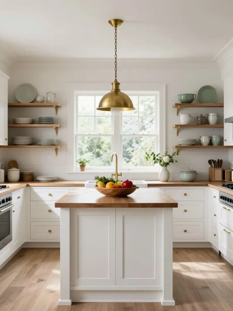 A classic white cabin kitchen styled with timeless cabin decorating ideas and traditional detailing.
