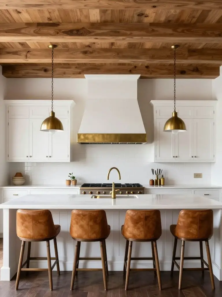 A refined modern rustic kitchen featuring classic white cabinetry paired with a warm coffered wood ceiling and brass-accented range hood.