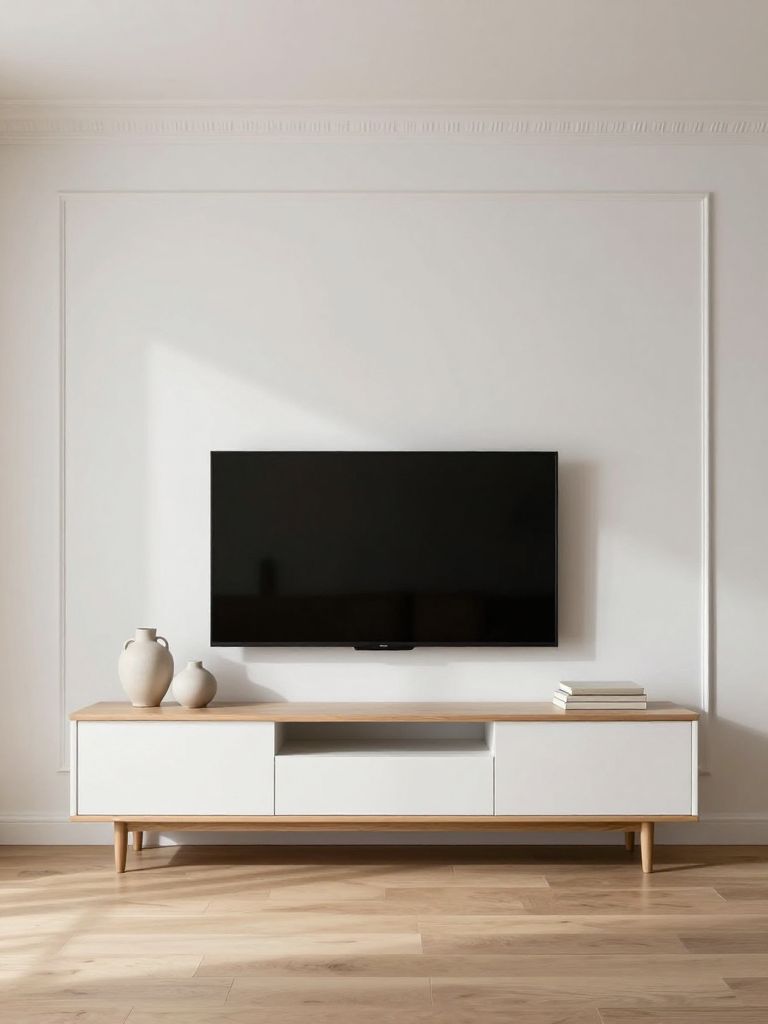 A classic minimalist TV wall featuring a crisp white backdrop with subtle crown molding detail near the ceiling.