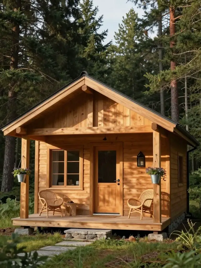 Exterior of a classic forest small cabin idea clad in warm honey-toned cedar siding, nestled within tall evergreen trees.