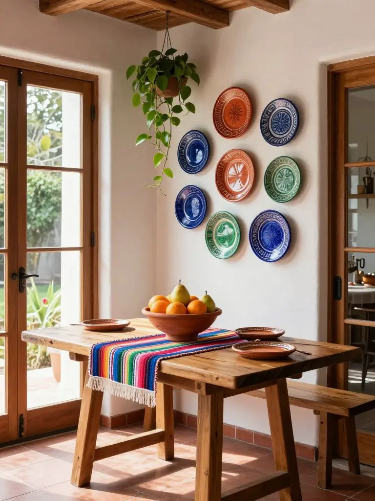 A rustic Mexican breakfast nook featuring a reclaimed wood table placed beside large wooden-framed glass doors.