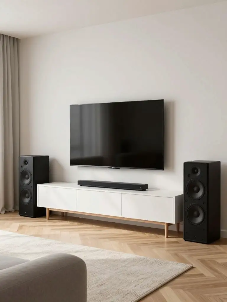 A clean minimalist TV wall with a matte white low console and large black bookshelf speakers flanking the television.