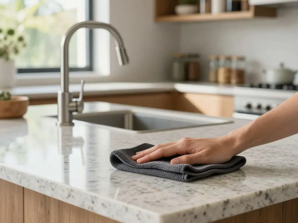 Show a modern kitchen island in the foreground, where a hand wipes the polished quartz countertop with a charcoal gray microfiber cloth, eve.