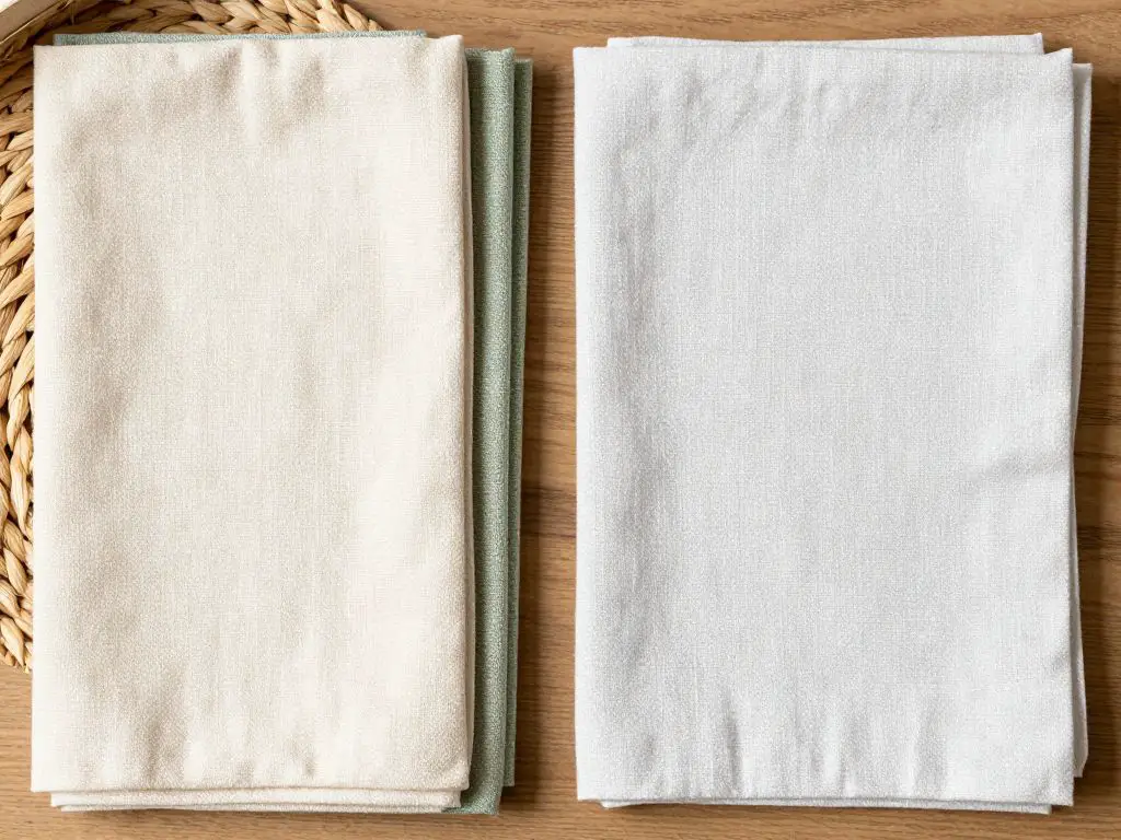 Flat lay photography of neatly folded cloth napkins and unpaper towels in natural linen and cotton on wooden surface, fabric in cream, sage.
