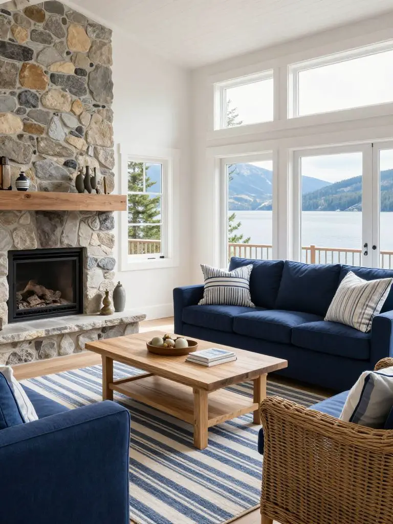 A coastal-inspired mountain cabin living room blending rustic stone and crisp blue textiles.
