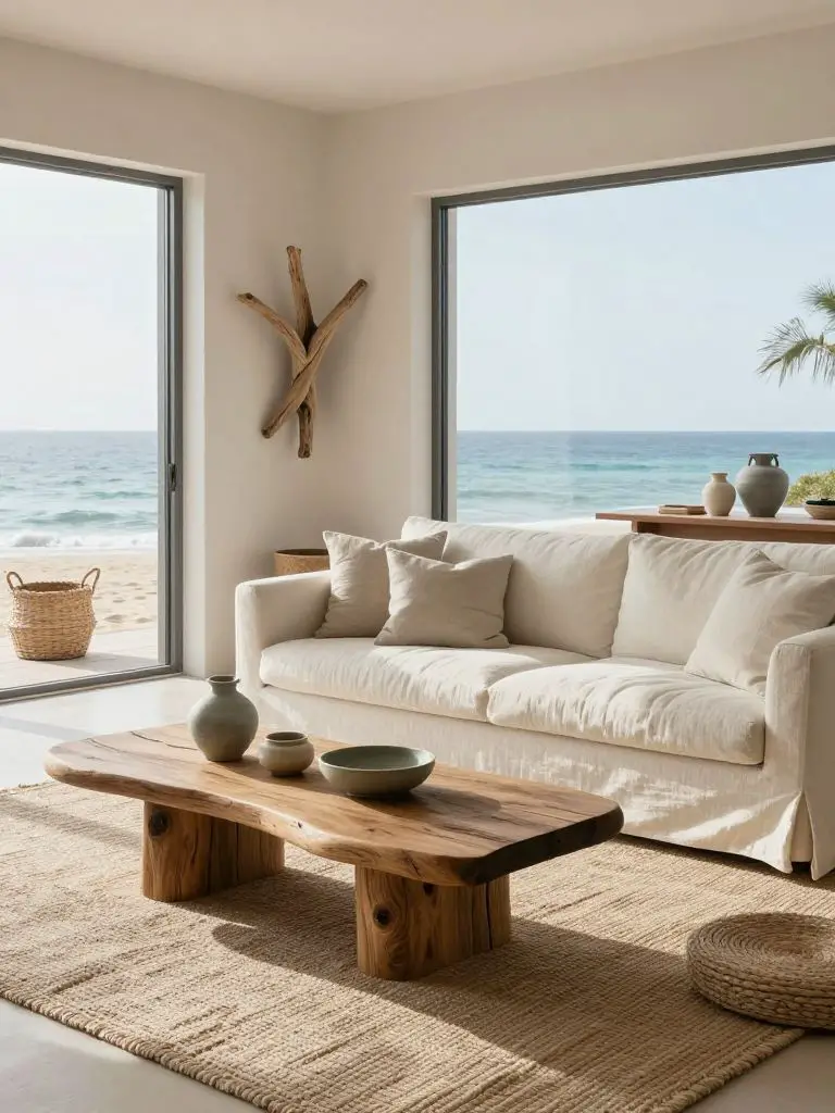 A coastal-inspired eco friendly living room blending Scandinavian and modern rustic design.
