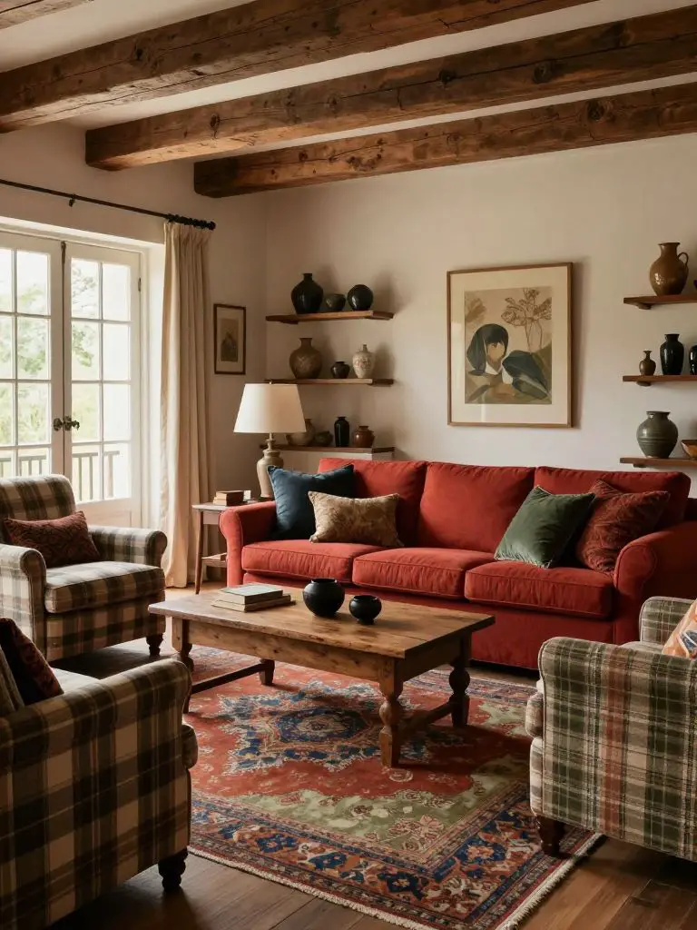 A collected rustic living room in Eclectic Rustic style featuring layered textiles and vintage accents.