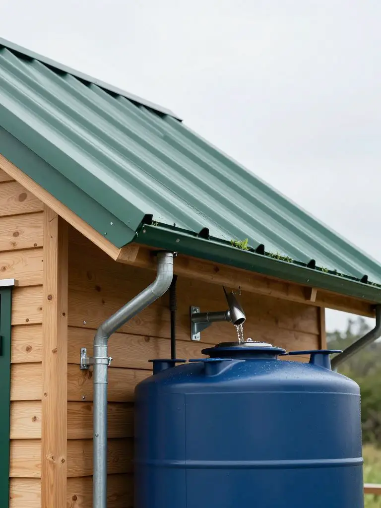 A sustainable rainwater harvesting system integrated into a tiny cabin roof in Modern Rustic eco-design.