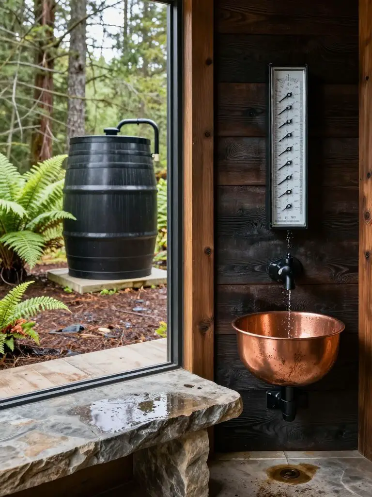 Presenting a hyper- photograph of a modern rustic cabin mudroom, the foreground features a custom stone bench and a wall-mounted rainwater c.
