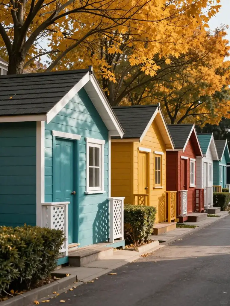 A row of colorful cottage-style small cabin ideas arranged along a quiet paved lane beneath autumn trees.